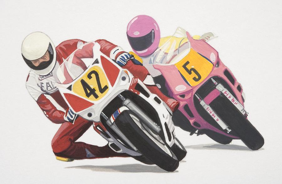 Two racers wearing helmets and knee sliders leaning sideways while riding motorbikes, front view. Drawing by Dorling Kindersley