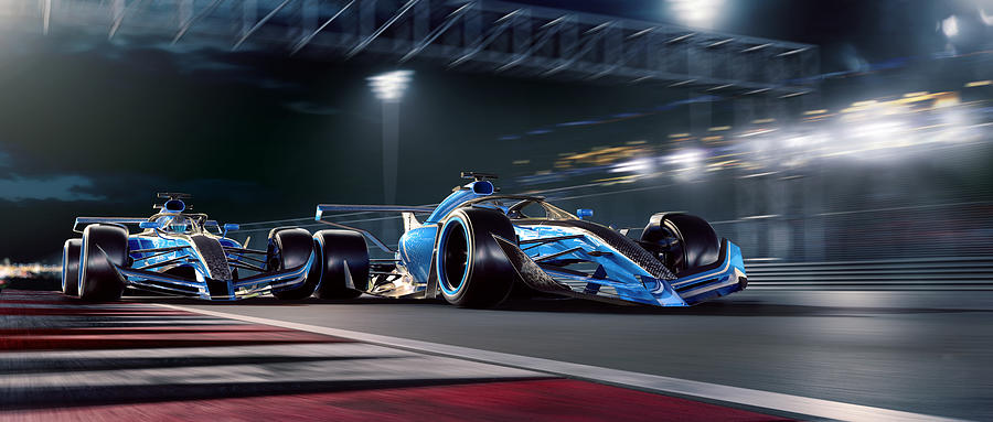 Two Racing Cars Moving At High Speed During Night Race Photograph by Peepo