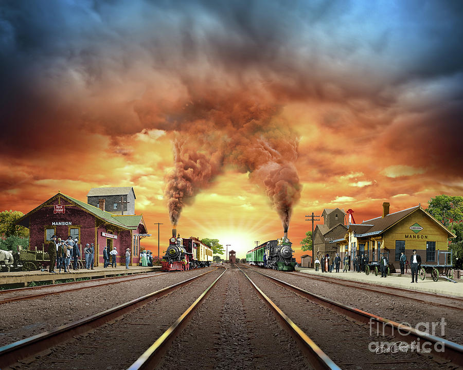 Sunset Digital Art - Two Railroads Converge at Manson by Cunningham Studio