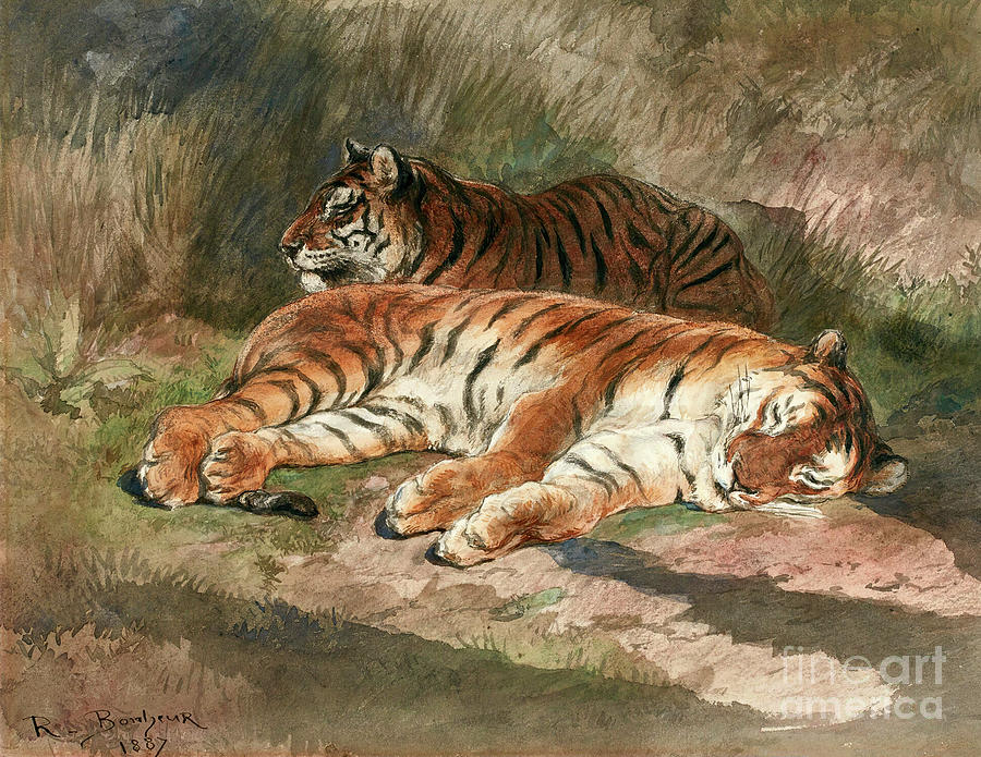 Two Recumbent Tigers - Rosa Bonheur Painting by Sad Hill - Bizarre Los Angeles Archive