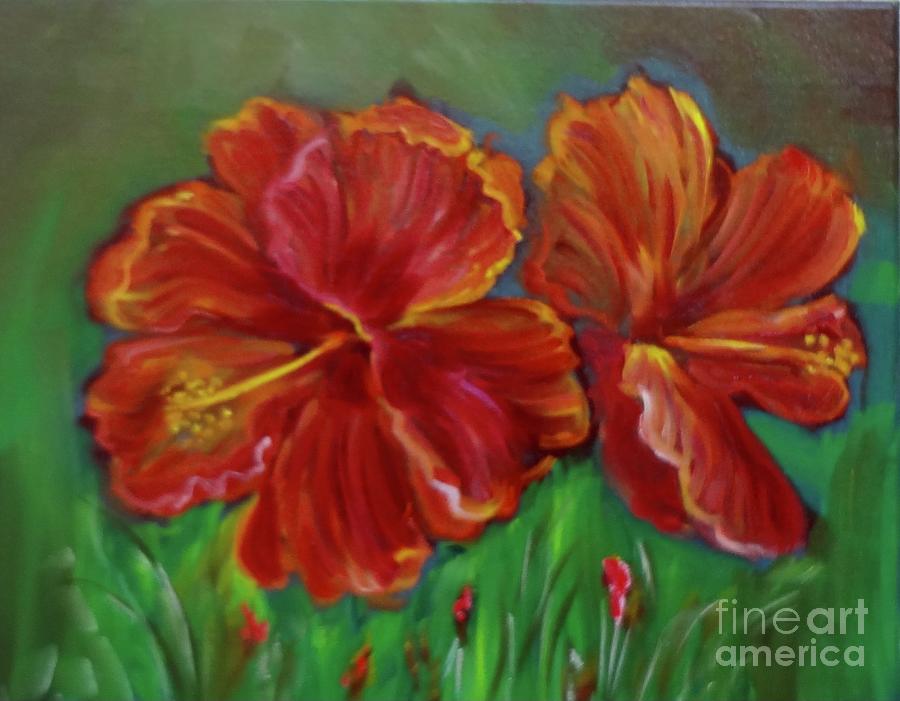 Two Red Hibiscus Painting by Jenny Lee