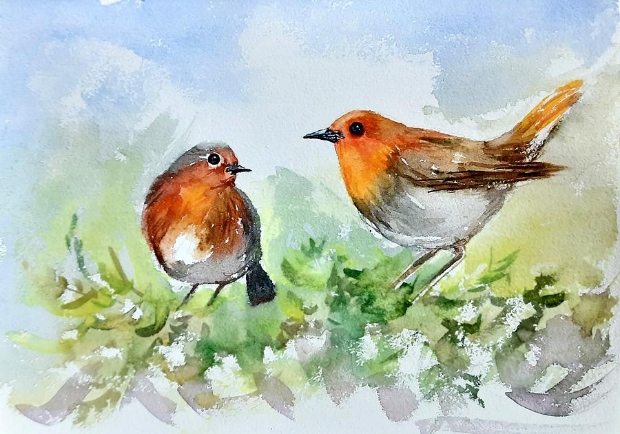 Two Robin birds Painting by Asha Sudhaker Shenoy