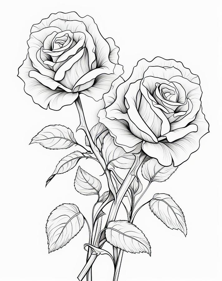 Two Roses-A Line Drawing Digital Art by John Carothers - Fine Art America