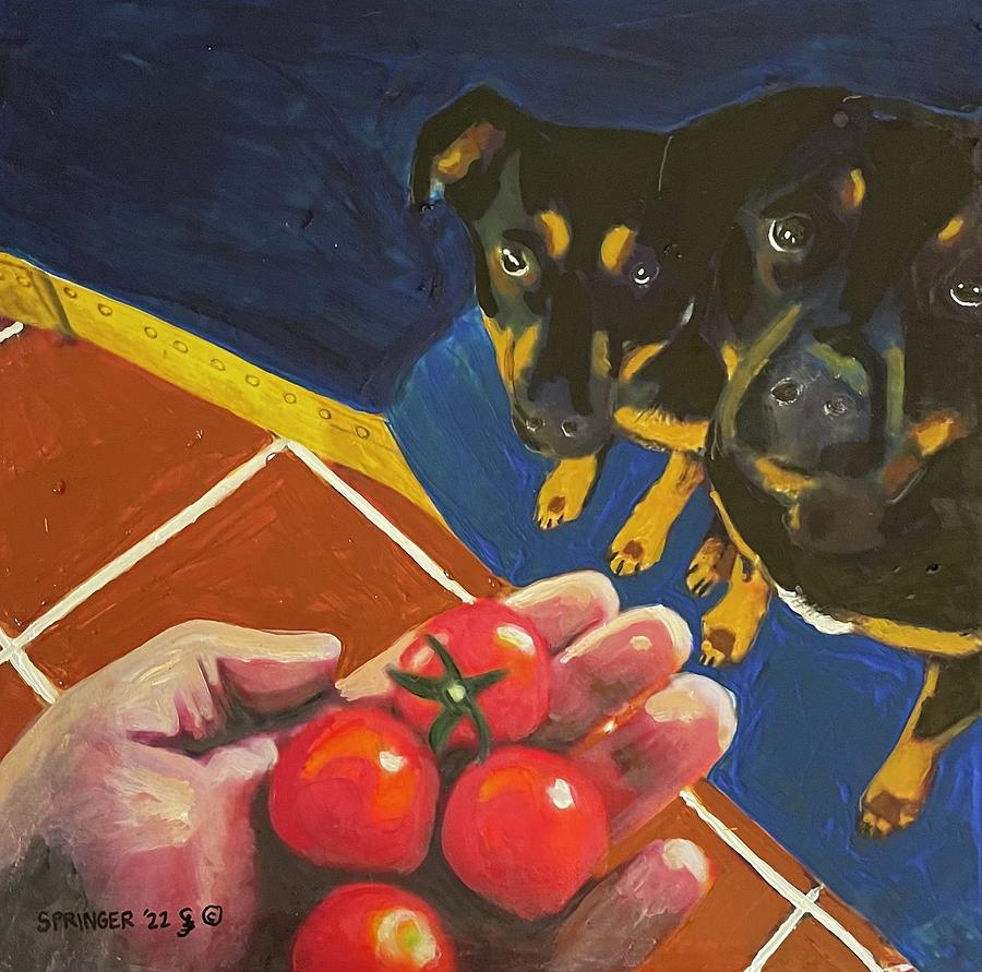 Two Rottweilers being tempted Painting by Gary Springer