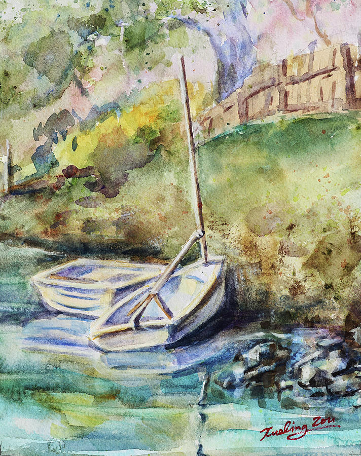 Two Rowboats at the Backyard Moss Landing Harbor California Painting by Xueling Zou