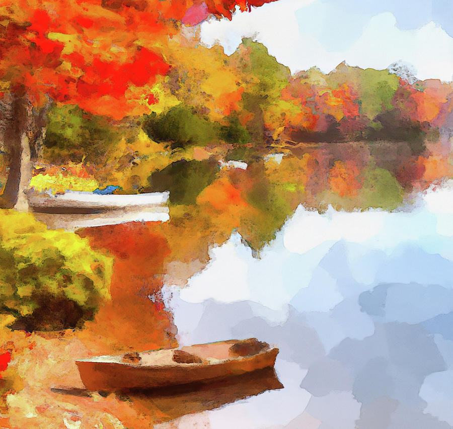 Two Rowboats at the Lake in the Fall Digital Art by Alison Frank