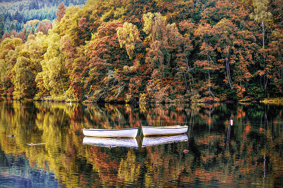 Two Rowboats in the Autumn Lake Photograph by Debra and Dave Vanderlaan