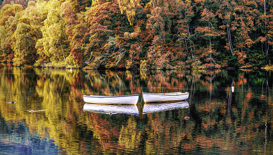 Two Rowboats in the Autumn Lake Panorama Photograph by Debra and Dave Vanderlaan