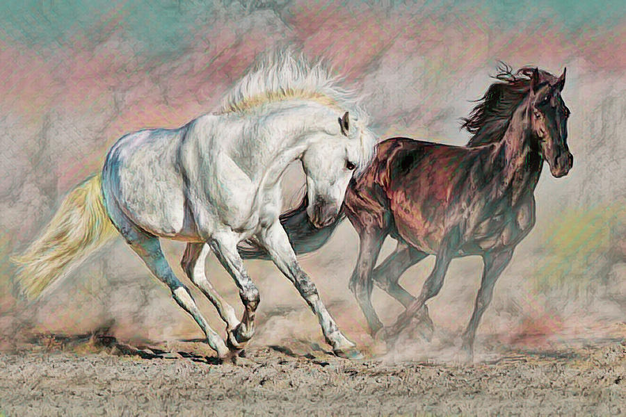 Two Running Horses - colorized Digital Art by Steve Ladner