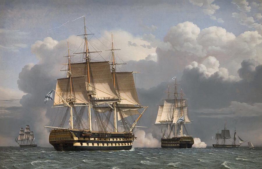 Nature Painting - Two Russian liners saluting by Christoffer Wilhelm Eckersberg