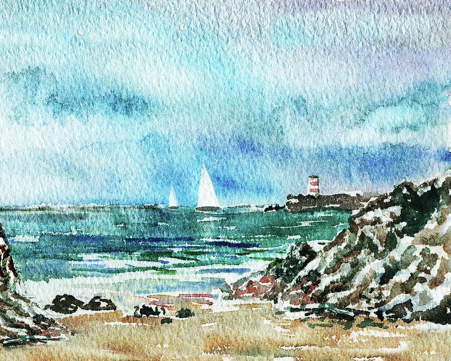 Two Sailboats And Lighthouse In The Ocean Beach Art Watercolor  Painting by Irina Sztukowski