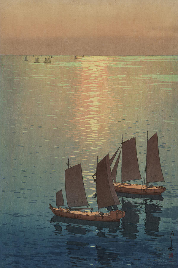 Two Sailboats at Sunset Hikaru Umi Painting by Hiroshi Yoshida