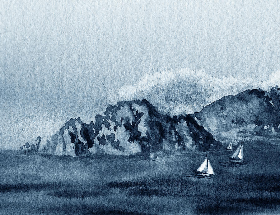 Three Sailboats At The Shore Blue Harbor Landscape  Painting by Irina Sztukowski