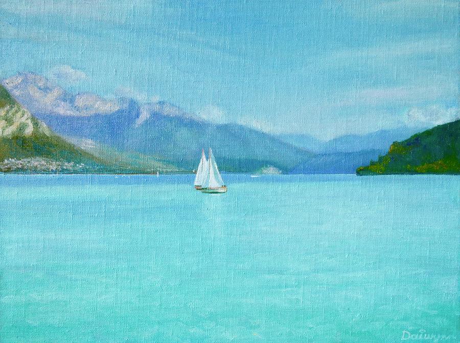 Two Sailboats on Lake Annecy, France Painting by Dai Wynn