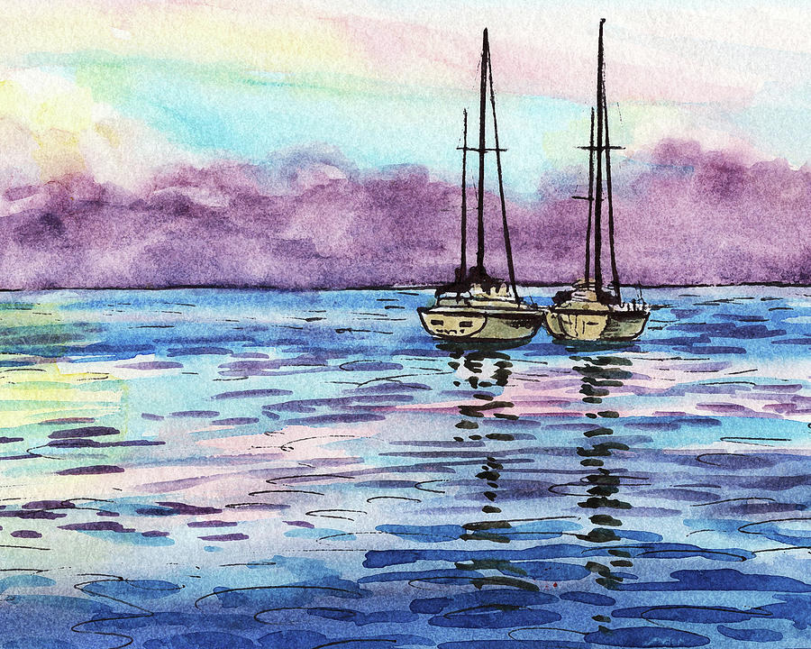 Two Sailboats Resting In The Ocean Purple Clouds Watercolor Beach Art Painting by Irina Sztukowski
