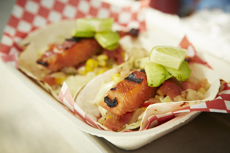 Two Salmon Tacos For Takeout In Food Truck Window Photograph by Tracey Kusiewicz/Foodie Photography