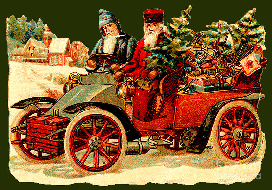 Two Santas Delivering Toys In Their Christmas Car Painting