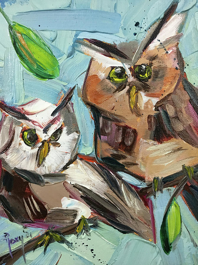 Two Screech Owls Painting by Roxy Rich