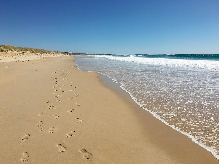 Two sets of footprints together on secluded beach Photograph by Jodie Griggs