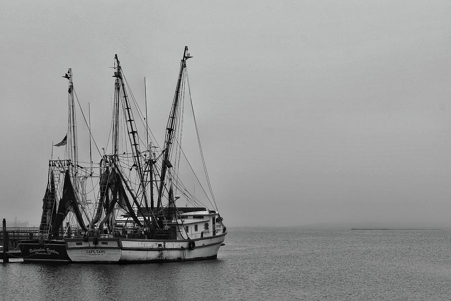 Two Shrimp Boats in the Fog on Shem Creek Black and White Wall Art Photograph by Sherry Kuhlkin