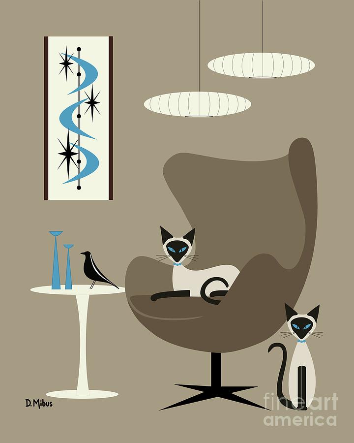 Two Siamese in Mid Century Brown Chair Digital Art by Donna Mibus