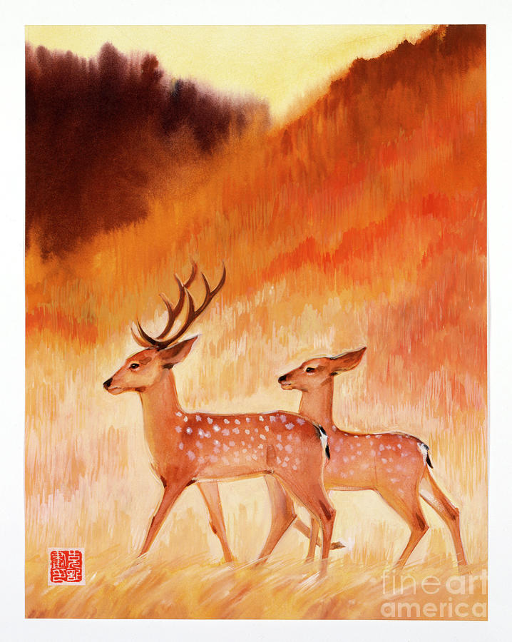 Two Sika Deer Painting by Zhang Kerang