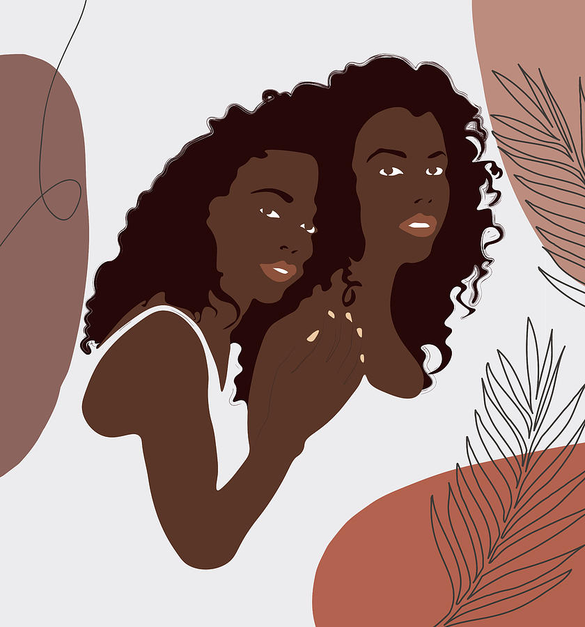 Valentines Day Drawing - Two sisters. Abstract Face One Line Art Print, Afro american girls poster, leaf silhouette illustrat by Mounir Khalfouf