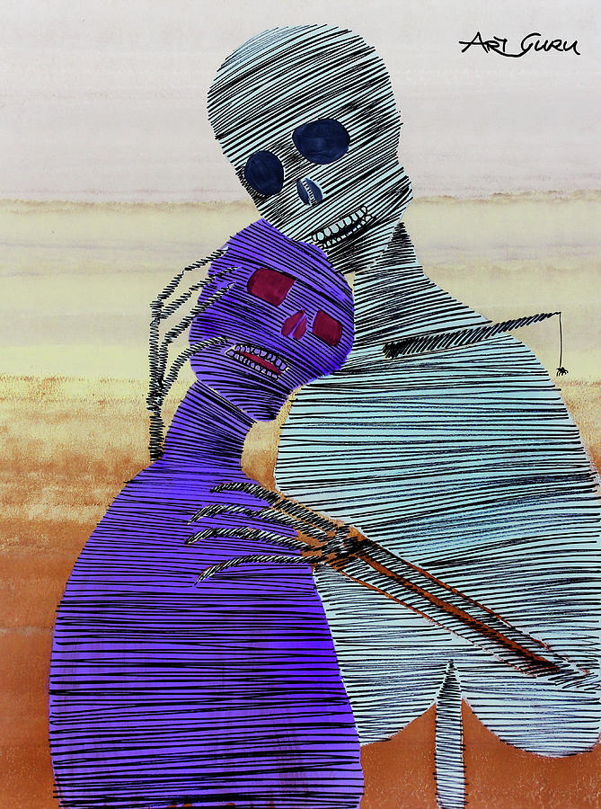 Two Skeletons Hugging By ArtGuru 9213 Acrylic On Paper Painting by