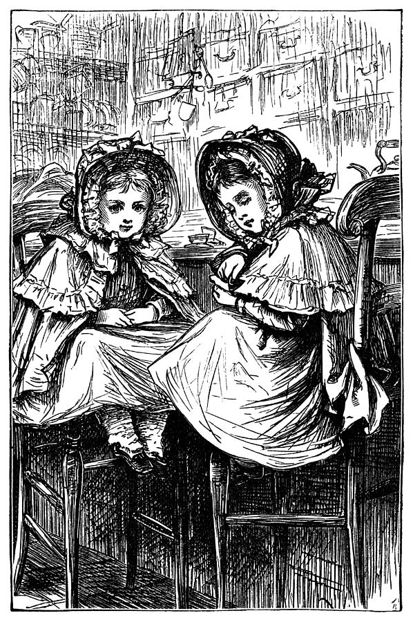 Two small Victorian girls waiting in a shop Drawing by Whitemay