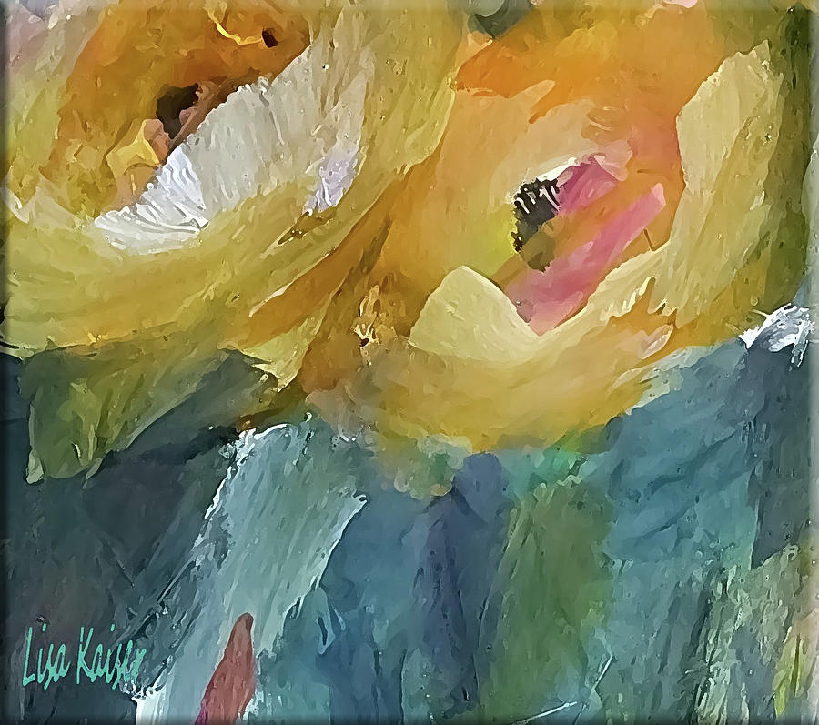 Two Small Yellow Flowers Looking Upward Painting by Lisa Kaiser