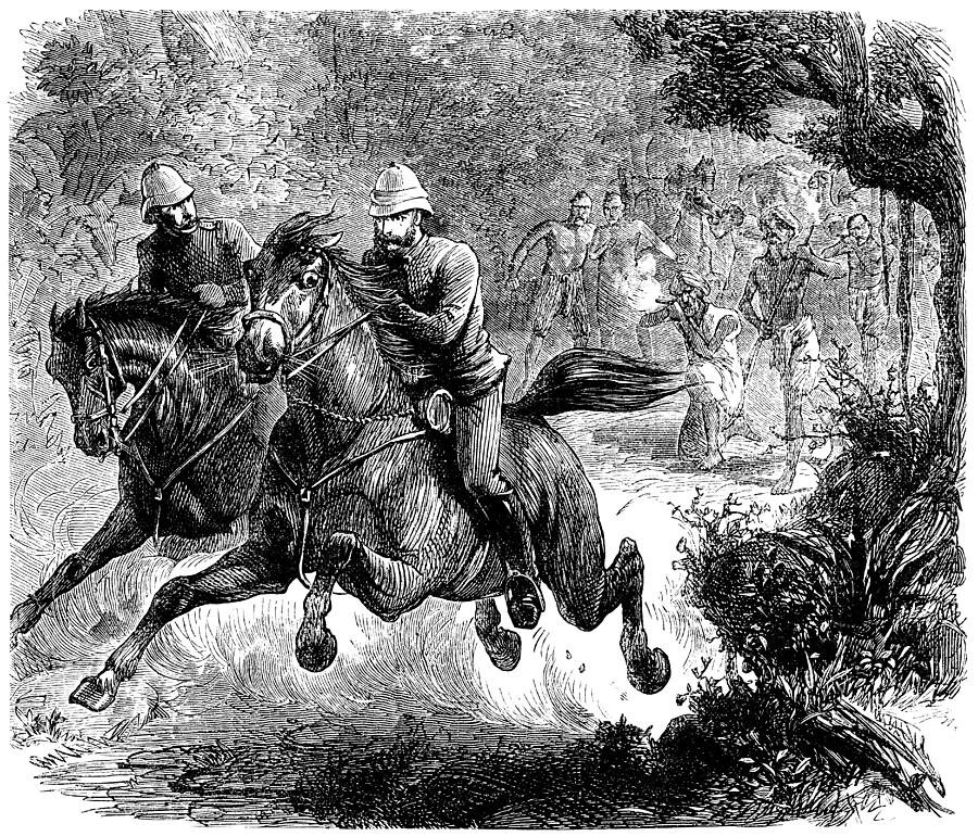 Two soldiers escaping angry tribesmen Drawing by Whitemay