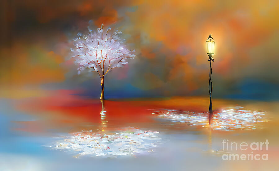 Valentines Day Digital Art - Two solitudes met, a flowering tree and a city lamppost by Viktor Birkus