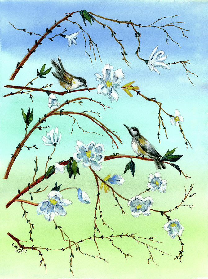 Two Spring Birds and White Flowers Painting by Linda Brody
