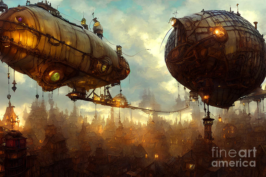 Two Steampunk Airships Passing In The Night 20221014g 20240202 Mixed Media by Wingsdomain Art and Photography
