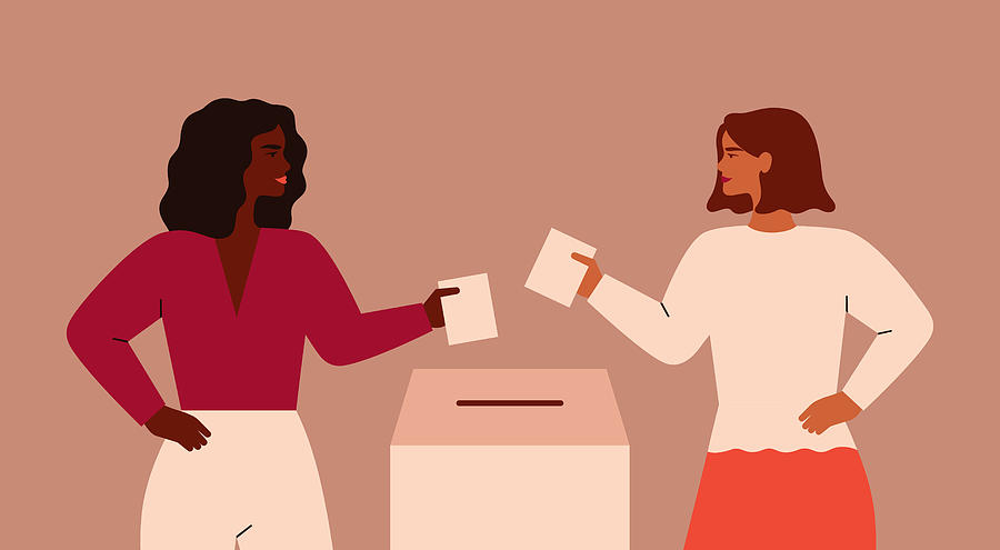 Two Strong girls are putting paper ballot in box. Drawing by Ponomariova_Maria