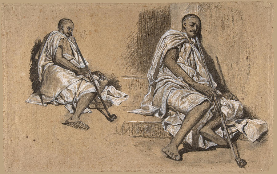Two Studies of a Seated Arab with a Pipe Drawing by Alexandre-Gabriel Decamps