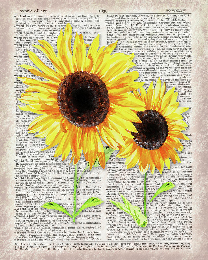 Two Sunflowers Dictionary Page Watercolor  Painting by Irina Sztukowski