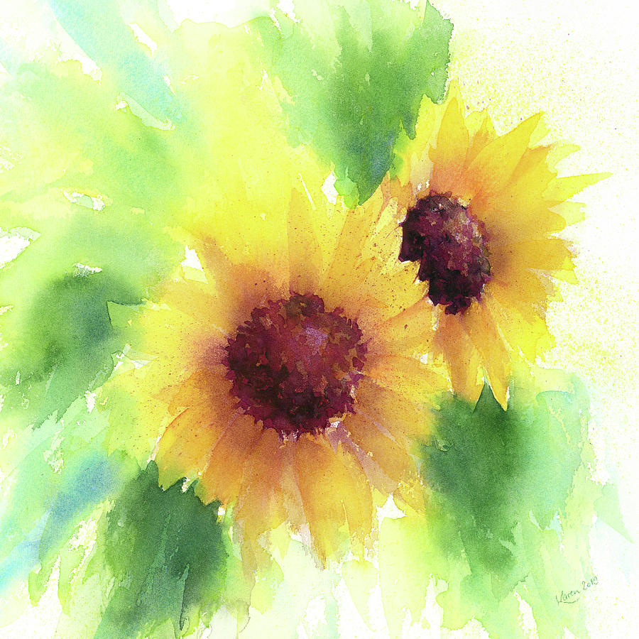 Two sunflowers square Painting by Karen Kaspar