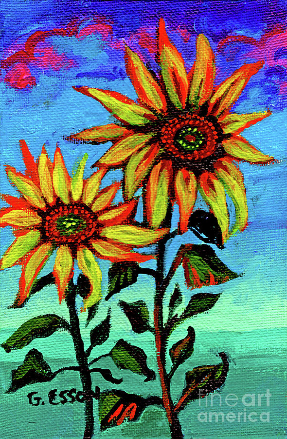 Sunflower Painting - Two Sunflowers With Purple Sky by Genevieve Esson