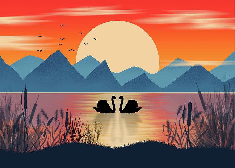Two Swans Silhouette With Mountains At Sunset Digital Art