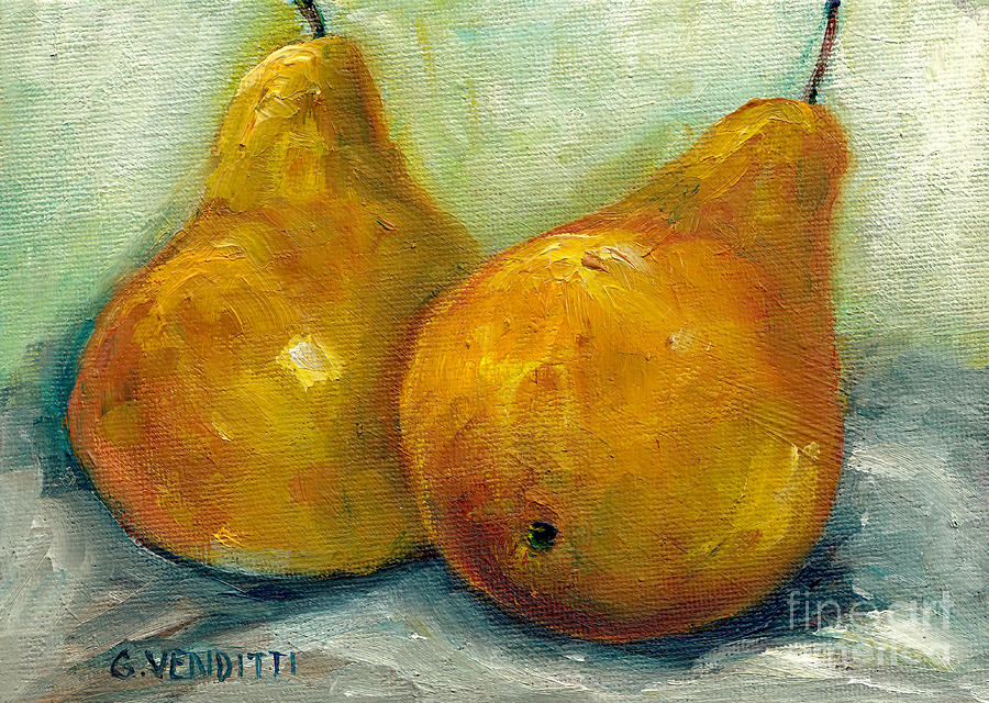 Two Tasty Yellow Pears In Classic Kitchen Still Life Painting On White ...