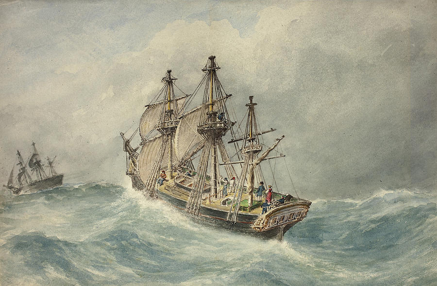 Two Three-Mast Ships on Stormy Sea Drawing by Unknown Artist
