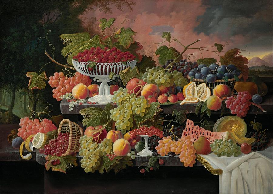 Two-Tiered Still Life with Fruit and Sunset Landscape Painting by ...