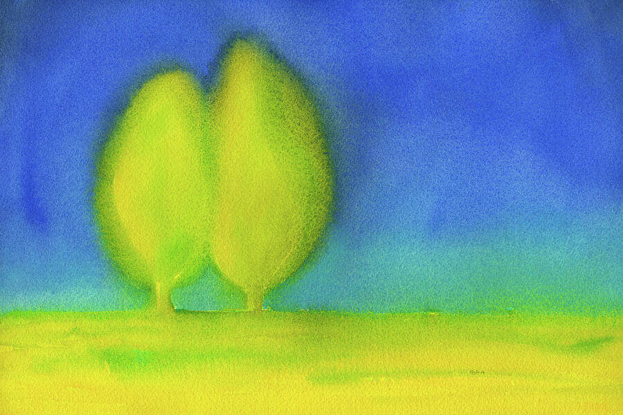 Two trees in love in a dreamy landscape Painting by Karen Kaspar