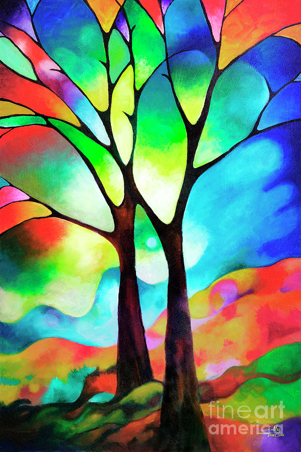 Two Trees original Sally Trace painting Painting by Sally Trace