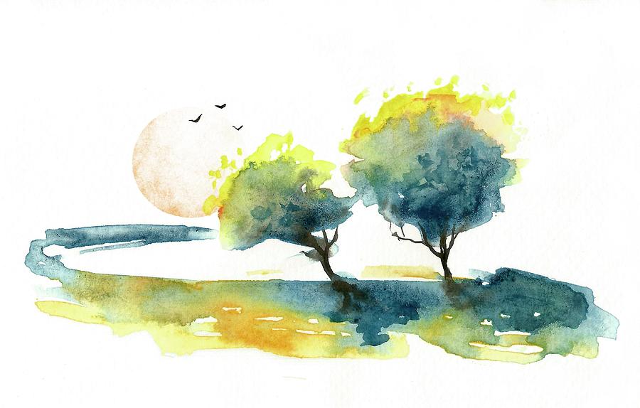 Two Trees, Three Birds Painting by Masha Batkova