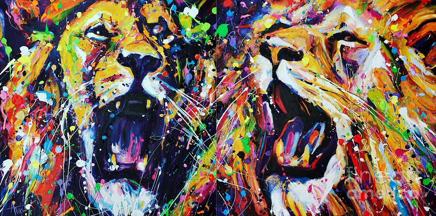 Lion Painting - Two Tribes by Angie Wright