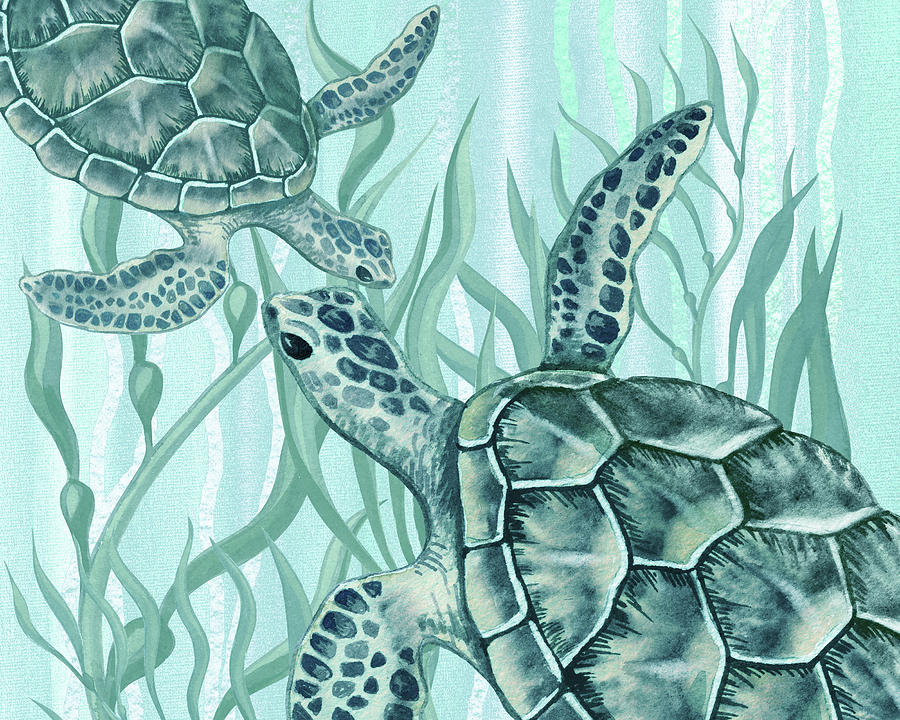 Two Turtles Meeting Under The Sea Watercolor Beach Life Art  Painting by Irina Sztukowski