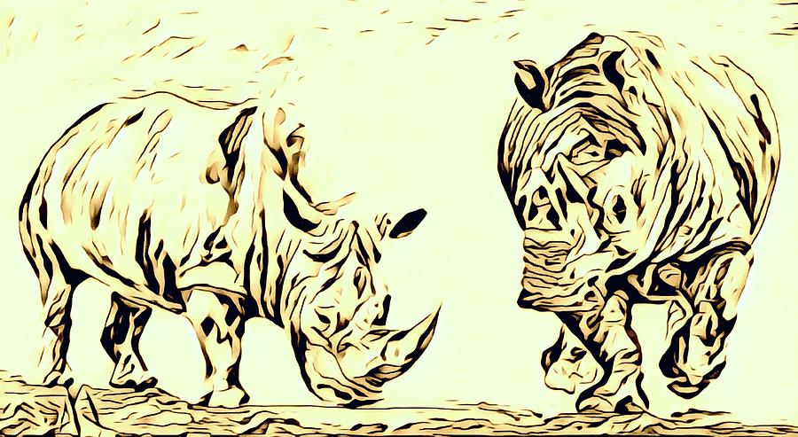 Two Two-horned Rhinos Digital Art