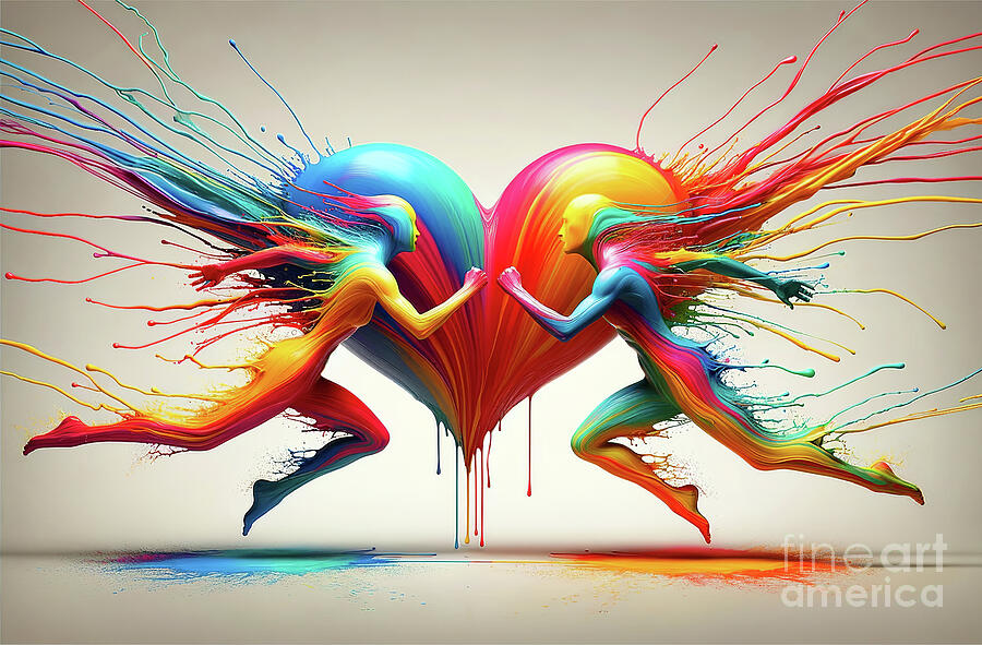 Two vibrant, colorful silhouettes form a heart shape with their splashing Digital Art by Odon Czintos